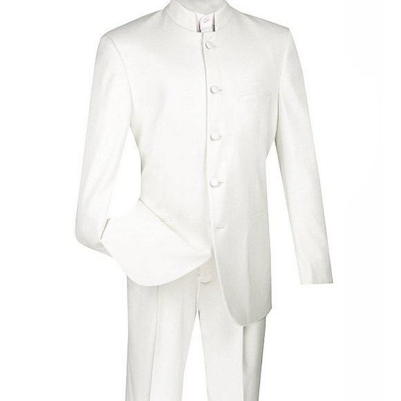 White Mandarin Banded Collar Nehru Suit 48L - Picture 1 of 7